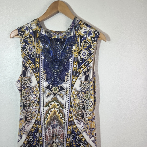 One World Womens XL Boho Maxi Dress Rhinestone Embellished Blue Lace Back - Picture 8 of 12